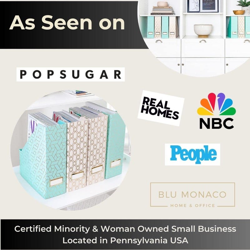 Blu Monaco بلو موناكو | مجموعة من 4 حوامل مجلات قابلة للطي باللون الوردي والأكوا مع أنماط هندسية ذهبية | صناديق تنظيم الملفات الرأسية مع حوامل تسميات ذهبية للمنزل والمكتب - Image 3